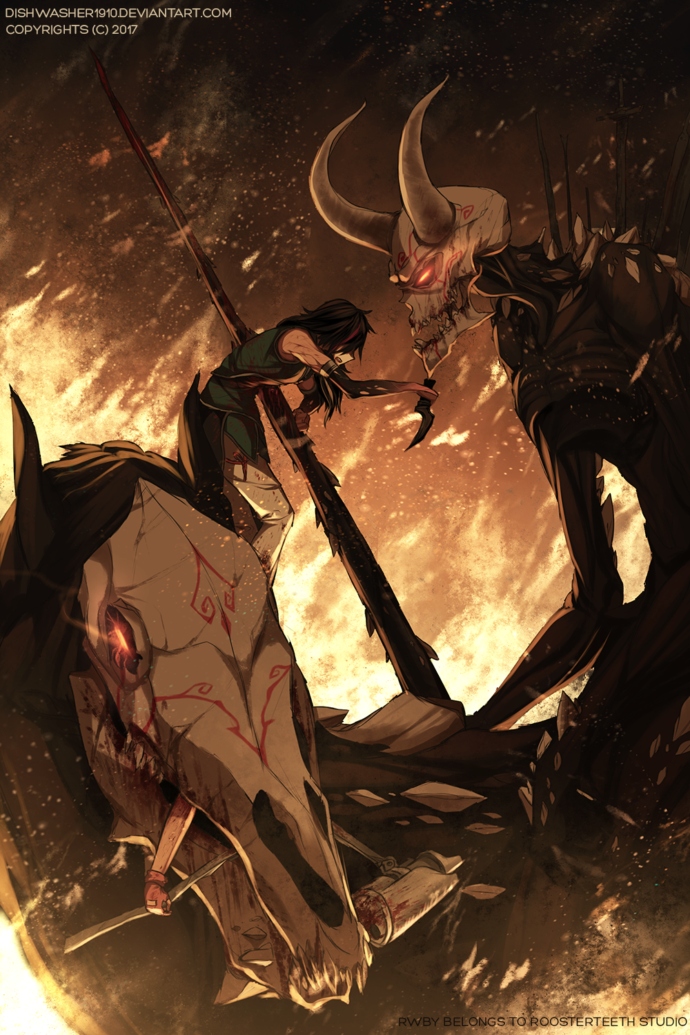 1boy, 1girl, bad_end, bleeding, blood, burning, death, defeat, dishwasher1910, glowing, glowing_eyes, grimm_(rwby), hammer, highres, horns, impaled, lie_ren, nora_valkyrie, nuckelavee, nuckelavee_(rwby), rwby, skull, sword, war_hammer, warhammer, weapon