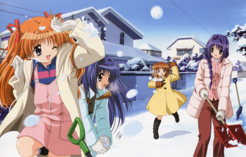 3girls, blue_eyes, blue_hair, boots, braid, coat, gloves, hair_intakes