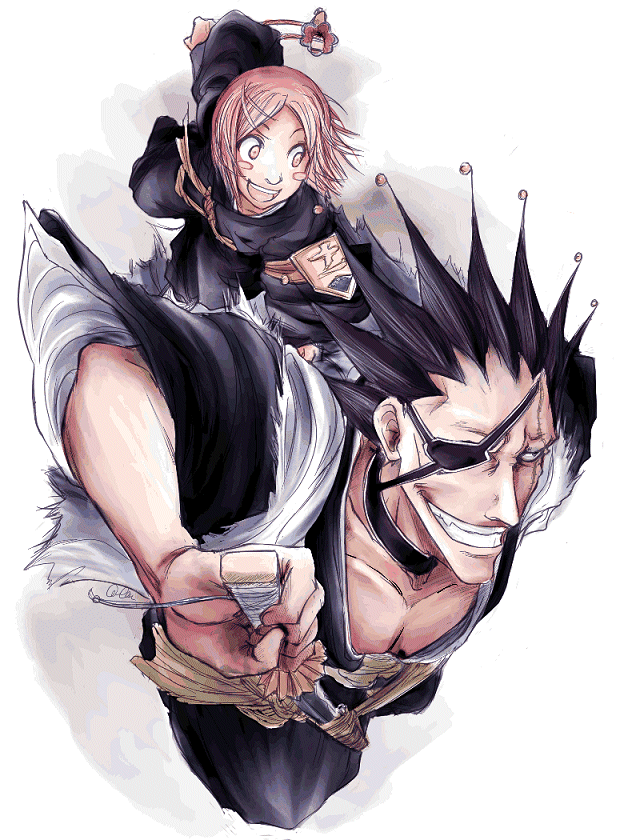 00s, badge, black_hair, bleach, chira, eyepatch, fukutaichou_badge, grin, haori, japanese_clothes, kusajishi_yachiru, pink_hair, smile, sword, taichou_haori, weapon, zaraki_kenpachi