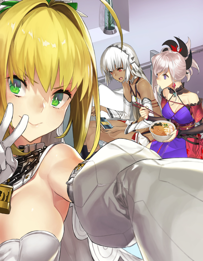 >:), 10s, 3girls, 92m, :d, ahoge, altera_(fate), archer_class_(fate), arm_strap, armpits, asymmetrical_hair, bare_shoulders, belt, belt_skirt, black_legwear, blonde_hair, blue_eyes, blue_kimono, blunt_bangs, blurry, blush, bodysuit, bowl, breasts, bridal_veil, buckle, cellphone, chain, choker, chopsticks, cleavage, closed_mouth, commentary_request, dark-skinned_female, dark_skin, depth_of_field, detached_collar, detached_sleeves, earrings, eating, fate/extra, fate/extra_ccc, fate/grand_order, fate_(series), floral_print, flower, food, food_in_mouth, foreshortening, frills, gloves, green_eyes, groin, hair_intakes, hair_ornament, halterneck, happy, high_ponytail, highres, holding, holding_bowl, holding_chopsticks, holding_phone, indoors, japanese_clothes, jewelry, kimono, large_breasts, leaf_earrings, leaf_print, legs_together, leotard, light_smile, lock, long_hair, looking_at_viewer, looking_down, magatama, messy_hair, miyamoto_musashi_(fate), miyamoto_musashi_(second_ascension)_(fate), multiple_belts, multiple_girls, nero_claudius_(bride)_(fate), nero_claudius_(bride)_(second_ascension)_(fate), nero_claudius_(fate), noodles, obi, open_mouth, outstretched_arm, padlock, phone, pillow, plant, playing_games, ponytail, puffy_detached_sleeves, puffy_sleeves, ramen, reaching, reaching_towards_viewer, red_eyes, sash, selfie, short_ponytail, showgirl_skirt, side_slit, sideboob, sidelocks, signature, sitting, skirt, small_breasts, smile, strapless, strapless_leotard, swept_bangs, tattoo, unzipped, v, v-shaped_eyebrows, veil, white_gloves, white_hair, white_leotard, white_skirt, zipper