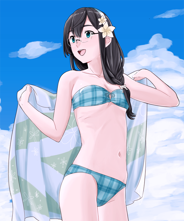 10s, 1girl, :d, aqua_bikini, bandeau, bare_arms, bare_legs, bare_shoulders