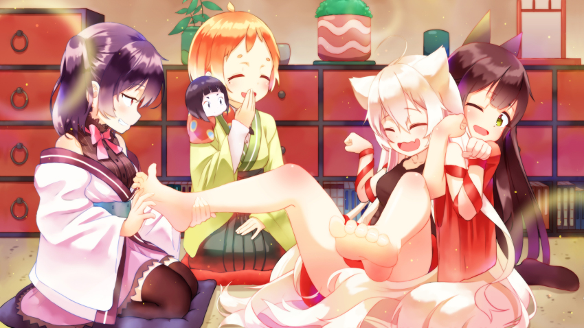 10s, 4girls, :d, ;d, ^_^, ahoge, animal_ears, barefoot