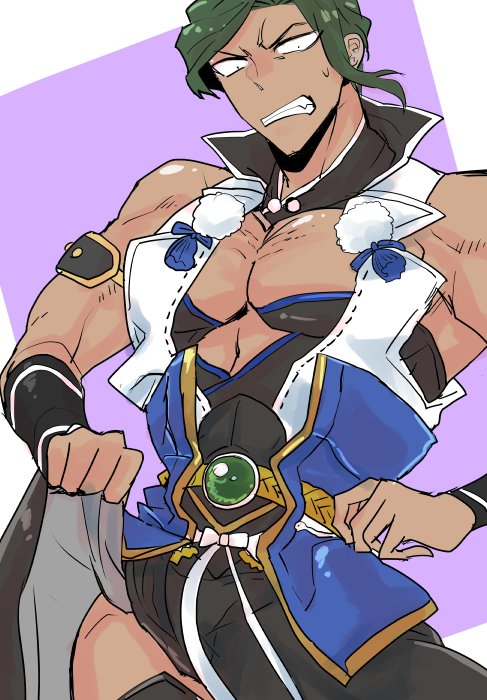 10s, 1boy, bracer, cleavage_cutout, clenched_teeth, clothing_cutout, collar, cosplay, danganronpa_(series), danganronpa_3_(anime), dark_skin, dark-skinned_male, japanese_clothes, kira_zatou, pectoral_cleavage, male_focus, pectorals, pelvic_curtain, pom_pom_(clothes), sakakura_juzo, voice_actor_connection, sengo_muramasa_(touken_ranbu), sengo_muramasa_(touken_ranbu)_(cosplay), sleeveless, solo, suwabe_jun'ichi, teeth, touken_ranbu