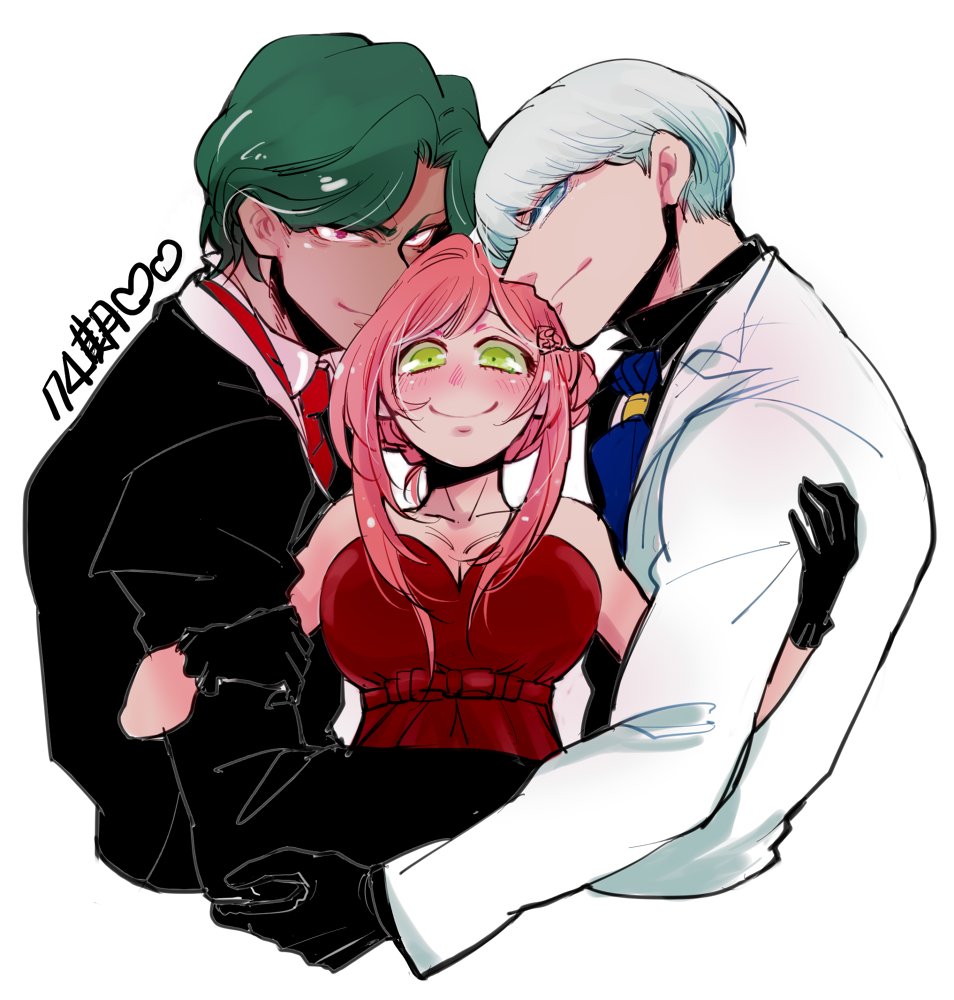 10s, 1girl, 2boys, black_gloves, boy_sandwich, breasts, cleavage, danganronpa_(series)