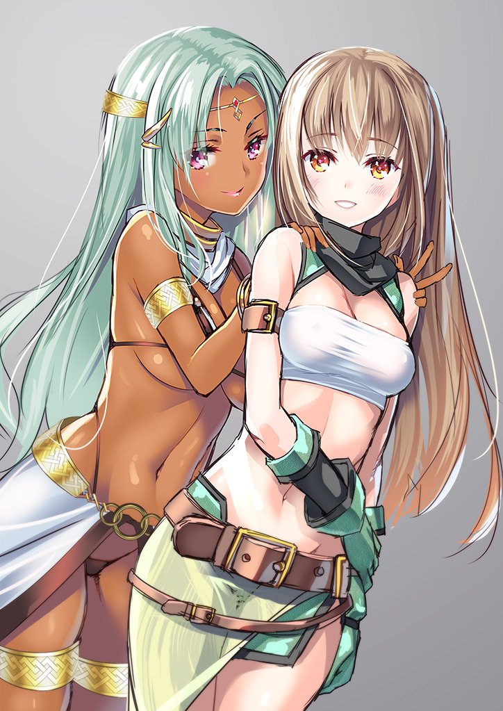 2girls, armlet, bandeau, belt, bikini, black_bikini, bracelet, breasts, circlet, cleavage, coffee_cat, cowboy_shot, daniella_(sennen_sensou_aigis), dark-skinned_female, dark_skin, dutch_angle, gloves, gold_trim, green_hair, grey_background, hair_ornament, hands_on_another's_shoulders, highleg, highleg_bikini, jewelry, large_breasts, light_brown_hair, long_hair, looking_at_viewer, medium_breasts, multiple_girls, navel, parted_bangs, purple_eyes, sennen_sensou_aigis, simple_background, skirt, smile, soma_(sennen_sensou_aigis), strapless, string_bikini, swimsuit, thighlet, tube_top, w, yellow_eyes