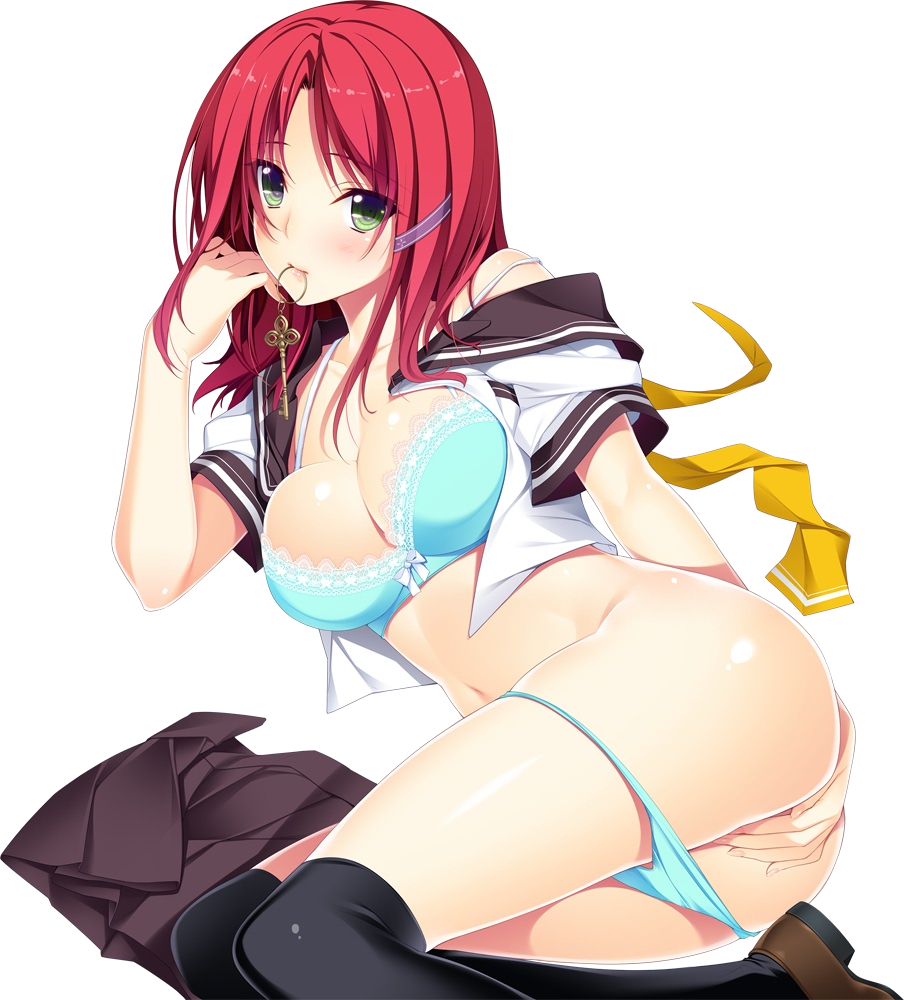 1girl, aqua_bra, aqua_panties, black_thighhighs, blouse, blue_bra, blue_panties, blush