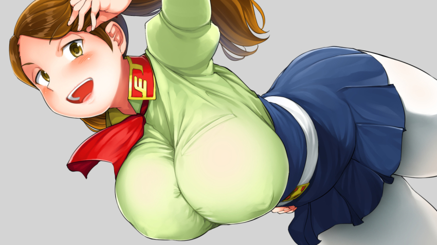 10s, 1girl, bad_id, bad_pixiv_id, blush, breasts, brown_eyes, brown_hair, covered_erect_nipples, curvy, female_focus, gundam, gundam_build_fighters, gundam_build_fighters_try, high-waist_skirt, kumaneko, large_breasts, looking_at_viewer, open_mouth, plump, sazaki_kaoruko, skirt, smile, solo, thick_thighs, thighs, twintails, wide_hips