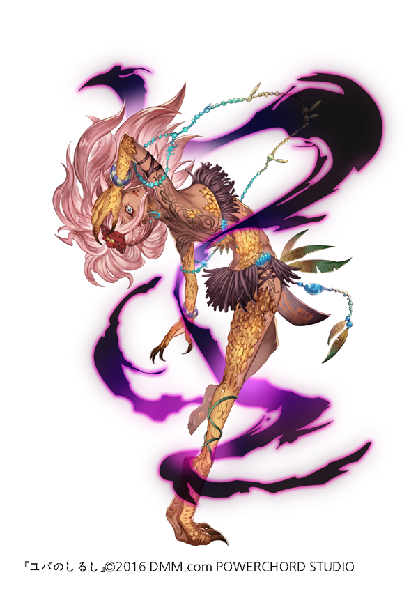 1girl, arched_back, blue_eyes, claws, dark-skinned_female, dark_skin, dobin_(user_zrwj3742), dragon_girl, female_focus, flower, full_body, hair_flower, hair_ornament, hand_over_eye, jewelry, ksaiyo, looking_at_viewer, looking_back, pink_hair, scales, solo, tattoo, yuba_no_shirushi