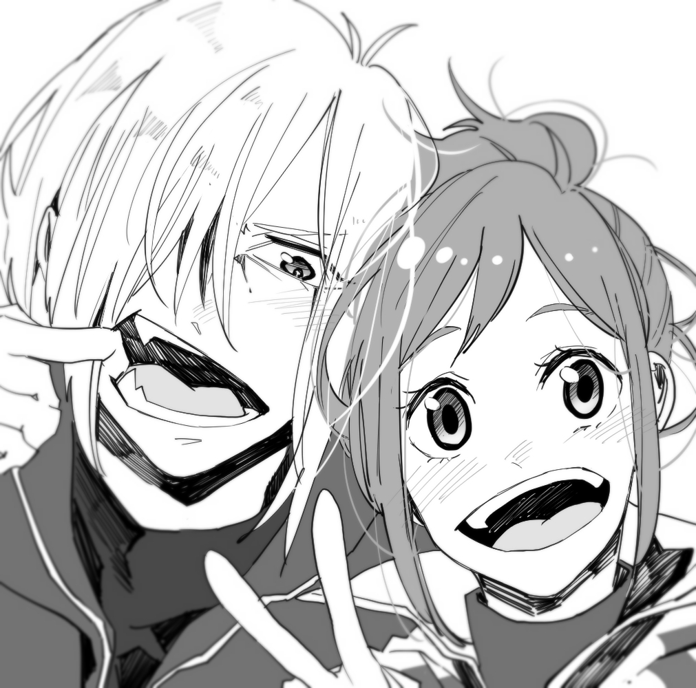 10s, 1boy, 1girl, bad_id, bad_pixiv_id, con_potata, greyscale, hair_over_one_eye