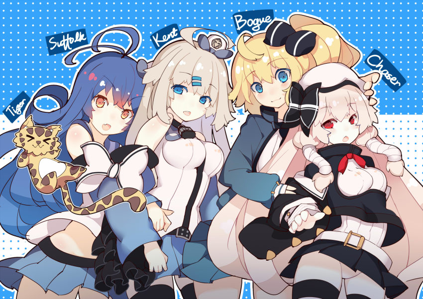 >_<, 4girls, ahoge, belt, beret, black_bow, black_jacket, black_legwear