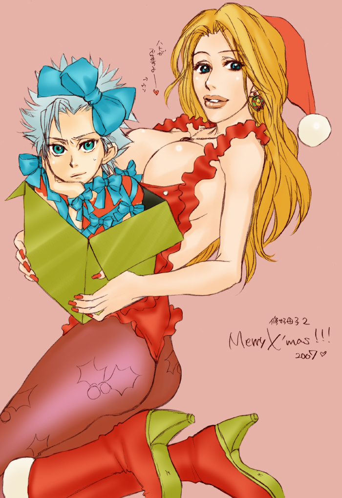 00s, 1boy, 1girl, ass, bleach, boots, bow, box