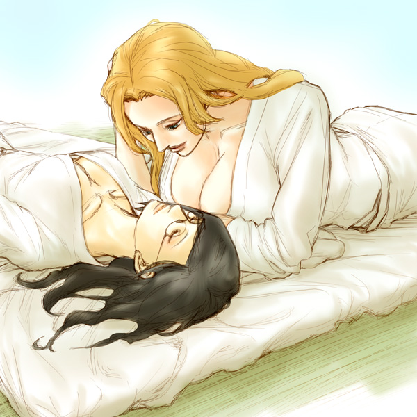 00s, 2girls, black_hair, bleach, blonde_hair, breasts, cleavage, gekkousha, glasses, ise_nanao, large_breasts, long_hair, lying, matsumoto_rangiku, multiple_girls, robe, sleeping, tatami, yuri