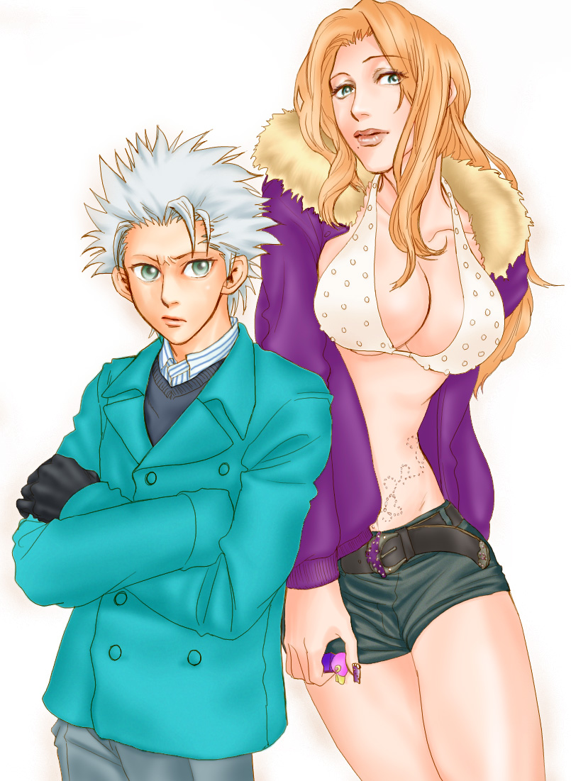 00s, 1boy, 1girl, bleach, breasts, casual, cleavage, gekkousha, hitsugaya_toushirou, large_breasts, long_hair, matsumoto_rangiku, mole, mole_under_mouth, orange_hair, white_hair