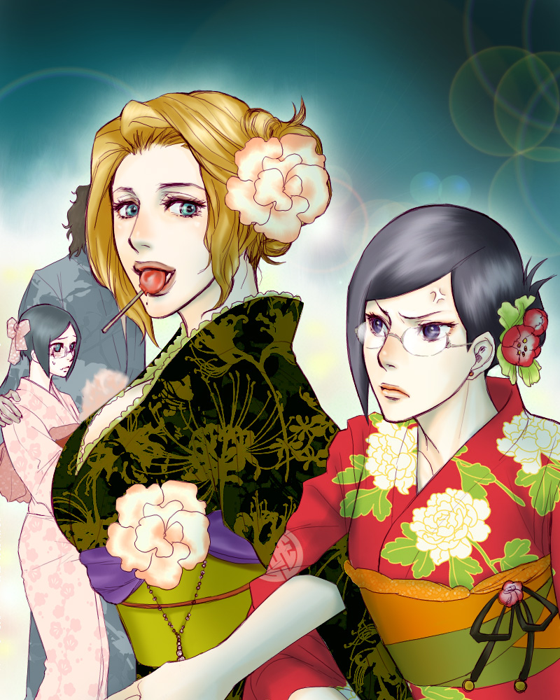 00s, 2girls, angry, aqua_eyes, black_hair, bleach, blonde_hair, blue_eyes