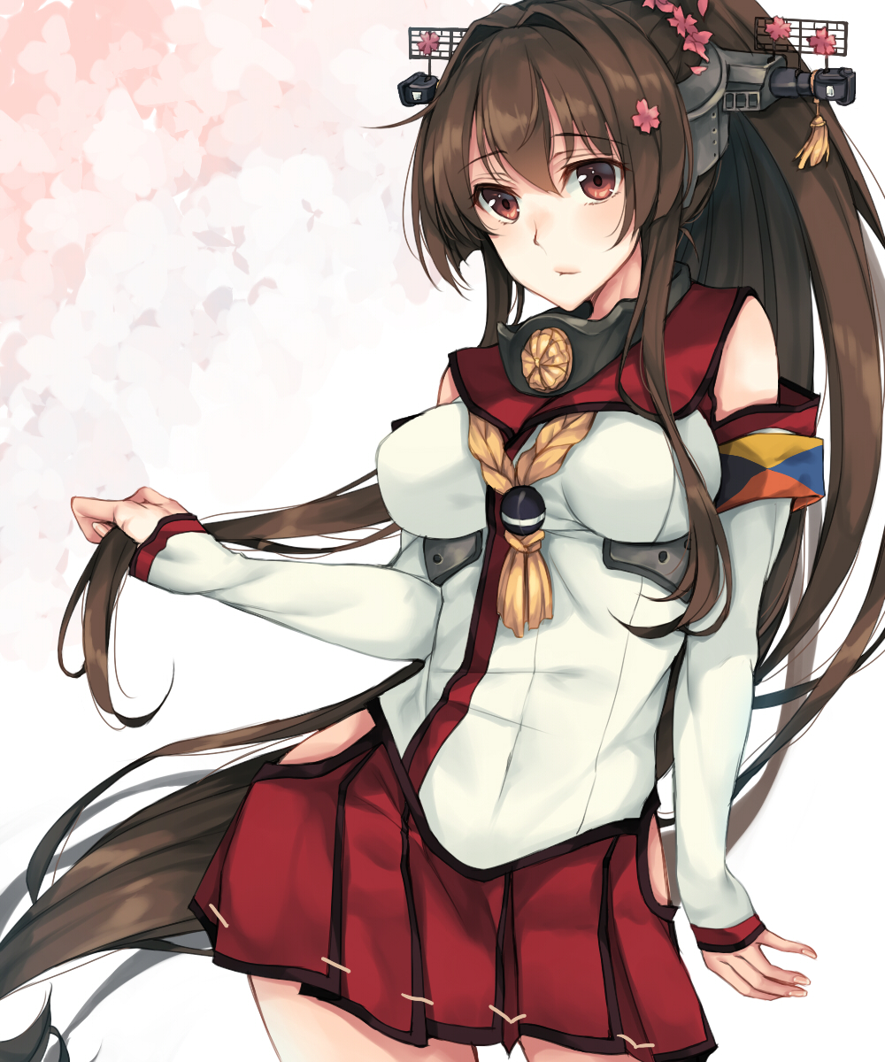 10s, 1girl, bare_shoulders, breasts, brown_eyes, brown_hair, cherry_blossoms, clothing_cutout, detached_sleeves, female_focus, fingernails, headgear, highres, hip_vent, holding, holding_own_hair, kantai_collection, long_hair, looking_at_viewer, medium_breasts, petals, pleated_skirt, ponytail, radar_hair_ornament, red_skirt, rinarisa, skirt, sleeves_past_wrists, solo, very_long_hair, yamato_(kancolle), zulu_(naval_flag)