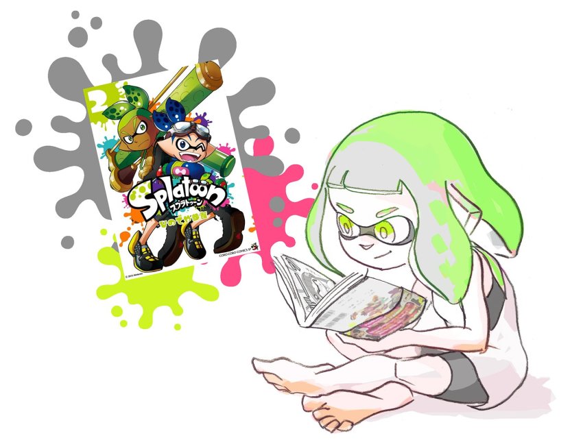 1girl, barefoot, bike_shorts, book, female_focus, goggle-kun_(splatoon), green_eyes, green_hair