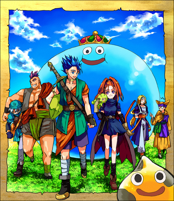 2girls, 4boys, barbara_(dq6), blonde_hair, cape, chamoro, circlet, closed_eyes