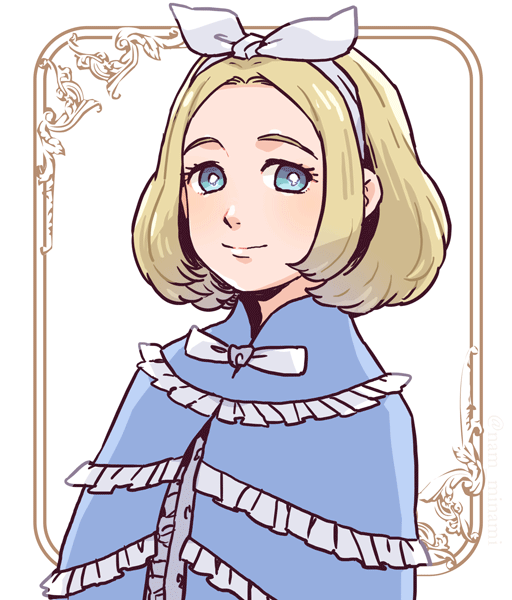 10s, 1girl, blonde_hair, blue_eyes, border, bright_pupils, classicaloid, dramatica