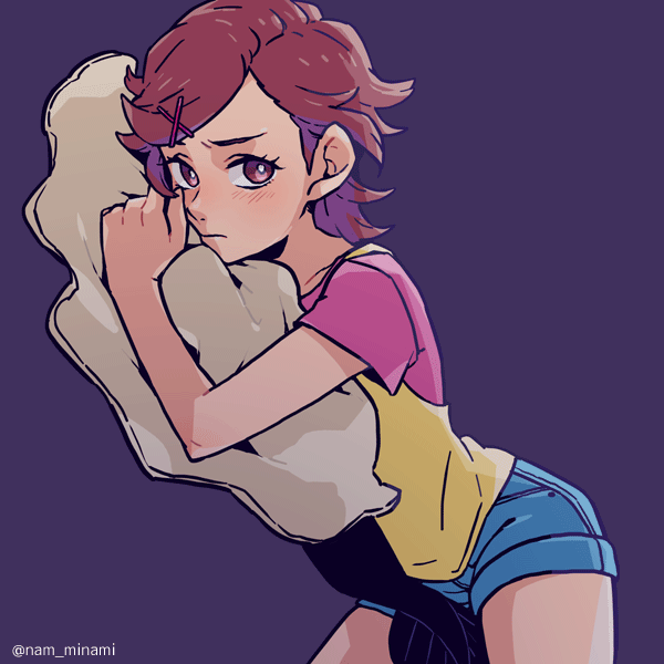 10s, 1girl, bright_pupils, brown_hair, classicaloid, dramatica, dutch_angle, female_focus, fish, hair_ornament, hairclip, looking_at_viewer, otowa_kanae, pink_eyes, purple_background, shirt, short_hair, shorts, simple_background, solo, t-shirt, twitter_username, x_hair_ornament