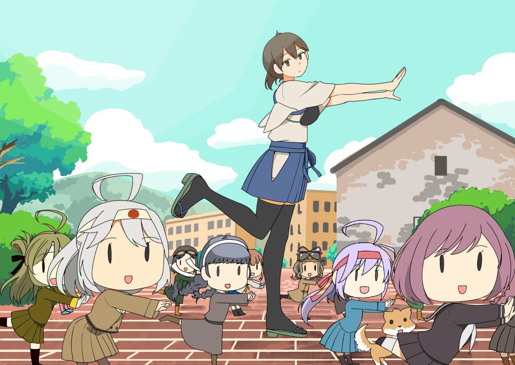 10s, 6+girls, 601_air_group_pilot_(kancolle), ahoge, bandana, black_serafuku, brown_eyes, brown_hair