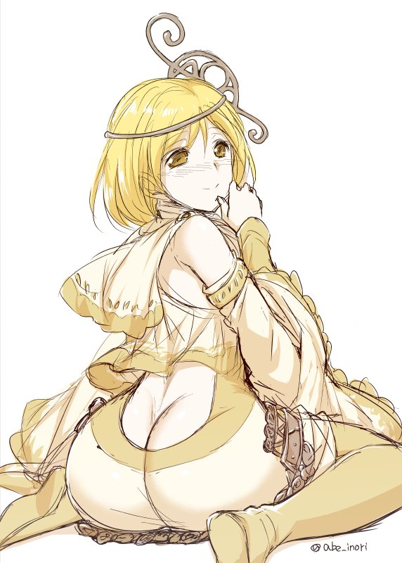 10s, 1girl, abe_inori, ass, blonde_hair, butt_crack, crown, detached_sleeves, djeeta_(granblue_fantasy), female_focus, granblue_fantasy, harpist_(granblue_fantasy), headgear, huge_ass, looking_at_viewer, pantyhose, short_hair, sleeveless, smile, solo, yellow_eyes