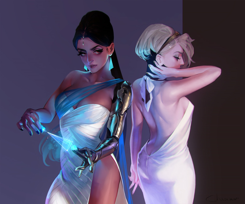 2girls, alternate_hairstyle, arm_behind_head, back, backless_dress, backless_outfit, black_hair, blonde_hair, breasts, butt_crack, chatalaw, cleavage, dark-skinned_female, dark_skin, dress, hair_ornament, hairband, highres, holographic_interface, large_breasts, mechanical_arms, medium_breasts, mercy_(overwatch), multiple_girls, nail_polish, overwatch, overwatch_1, sash, side_slit, sideboob, single_mechanical_arm, symmetra_(overwatch), white_dress