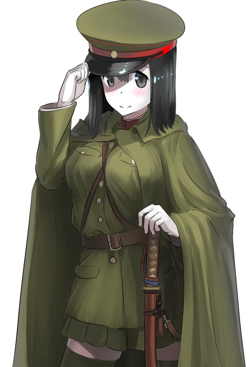 10s, 1girl, akitsu_maru_(kancolle), ao_iro, belt, black_hair, breasts, cape, colored_skin, female_focus, grey_eyes, hat, hat_tip, highres, imperial_japanese_army, japan, kantai_collection, katana, large_breasts, military, military_hat, military_uniform, miniskirt, pleated_skirt, sheath, sheathed, skirt, smile, solo, sword, thighhighs, weapon, white_skin, world_war_ii, zettai_ryouiki