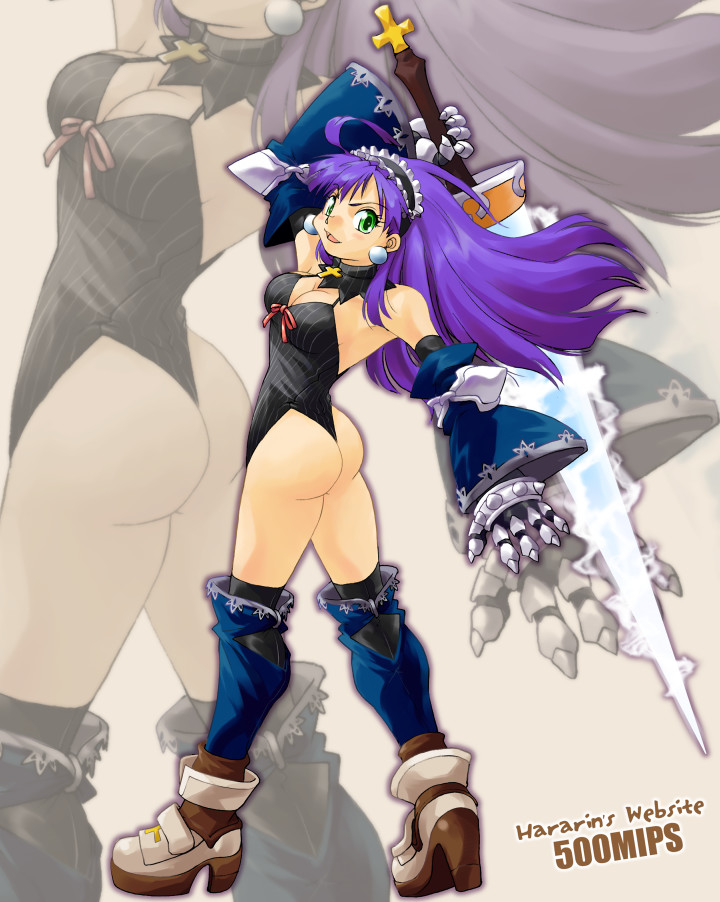 ahoge, ass, breasts, cleavage, cross, dark_eclair, earrings, eclair_(la_pucelle)