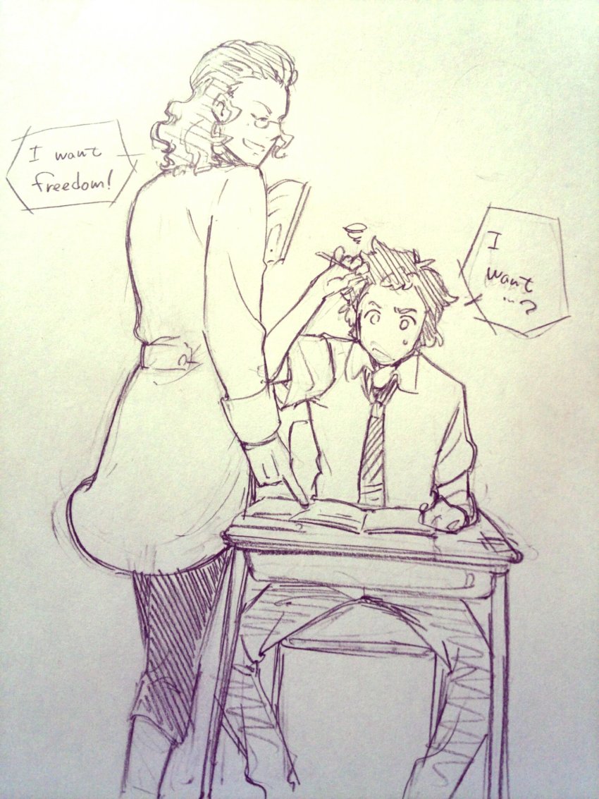 10s, 2boys, book, classicaloid, desk, english_text, franz_schubert_(classicaloid), glasses