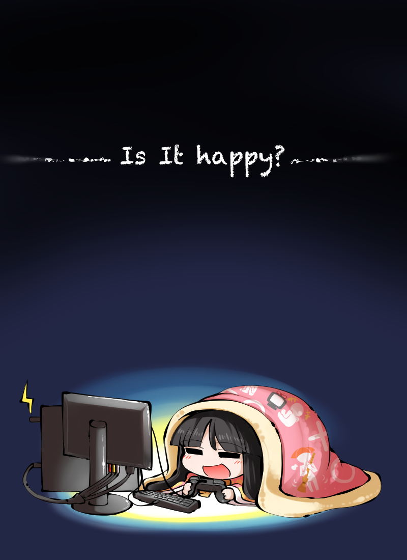 1girl, =_=, black_background, black_hair, blanket, check_commentary, chibi, commentary_request