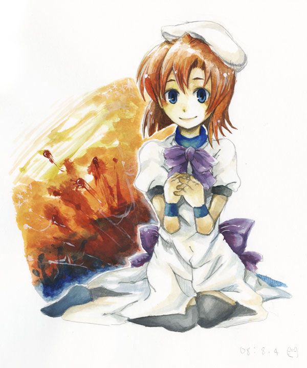 00s, 1girl, bad_id, bad_pixiv_id, blood, blue_eyes, brown_hair, dress, female_focus, higurashi_no_naku_koro_ni, kusunoki_(tallnight), orange_hair, ryuuguu_rena, short_hair, solo, thighhighs, yamaneko