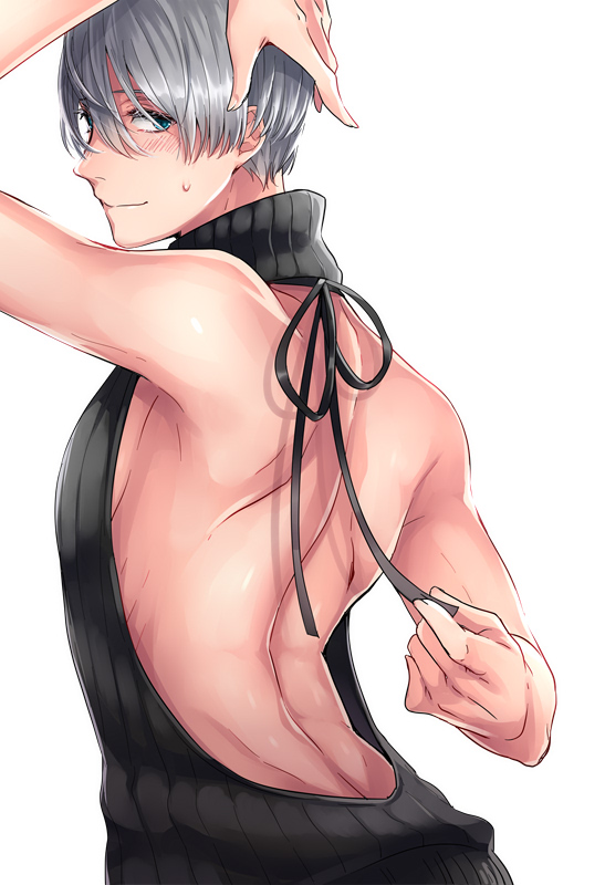 10s, 1boy, back, back_focus, backless_dress, backless_outfit, bare_back, blue_eyes, blush, crossdressing, crossdressing_(mtf), dress, from_behind, halterneck, looking_back, male_focus, naked_sweater, ribbed_sweater, silver_hair, smile, solo, sweat, sweater, sweater_dress, turtleneck, turtleneck_sweater, uni_campanella, upper_body, viktor_nikiforov, virgin_killer_sweater, yuri!!!_on_ice