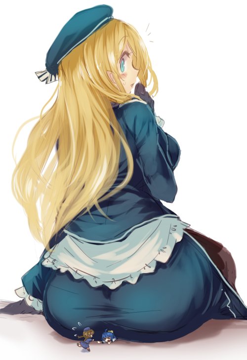 10s, 15.5cm_triple_gun_mount, 1girl, 3girls, 61cm_quadruple_(oxygen)_torpedo_mount, ass, atago_(kancolle), beret, black_gloves, blonde_hair, breasts, fairy_(kancolle), from_behind, gloves, hat, kantai_collection, large_breasts, long_hair, looking_at_viewer, military, military_uniform, multiple_girls, open_mouth, pantyhose, smile, utopia_(utopiavl)