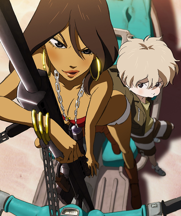2girls, age_difference, boots, brown_hair, chain, chain_necklace, dark-skinned_female, dark_skin