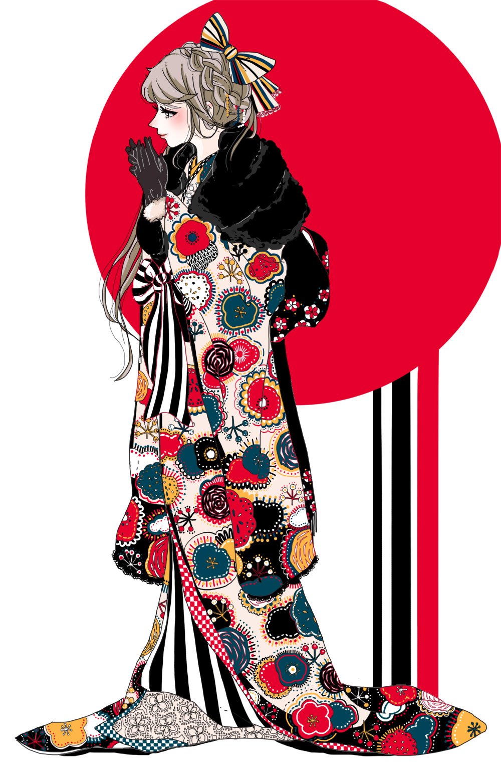 1girl, blonde_hair, blush, bow, braid, circle, female_focus, floral_print