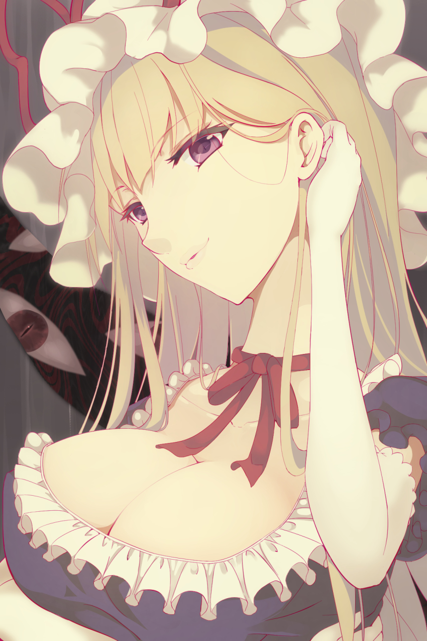 1girl, anatomical_nonsense, bad_anatomy, blonde_hair, breast_rest, breasts, choker, cleavage