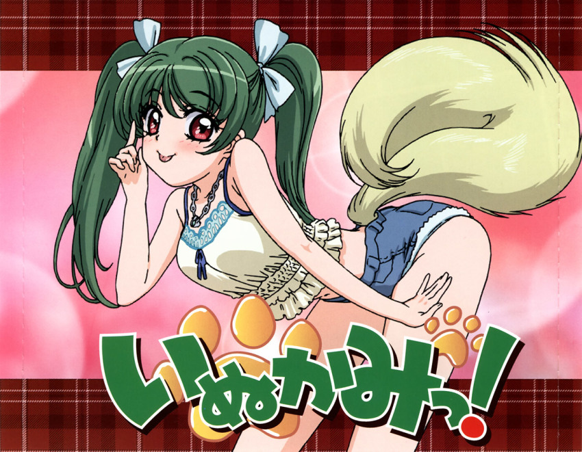 1girl, dog_tail, female_focus, green_hair, inukami!, looking_at_viewer, navel, red_eyes