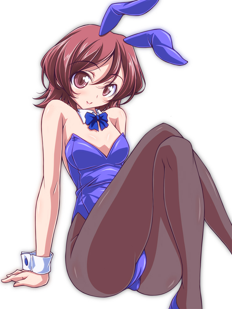 10s, 1girl, aikatsu!, aikatsu!_(series), aikatsu_stars!, animal_ears, arm_support, ashida_yuuri, black_pantyhose, blue_bow, blue_leotard, blue_shoes, bow, brown_eyes, brown_hair, closed_mouth, detached_collar, fake_animal_ears, female_focus, kikuchi_tsutomu, leaning_back, leotard, looking_at_viewer, pantyhose, playboy_bunny, rabbit_ears, shoes, short_hair, simple_background, sitting, smile, solo, strapless, strapless_leotard, white_background, wrist_cuffs