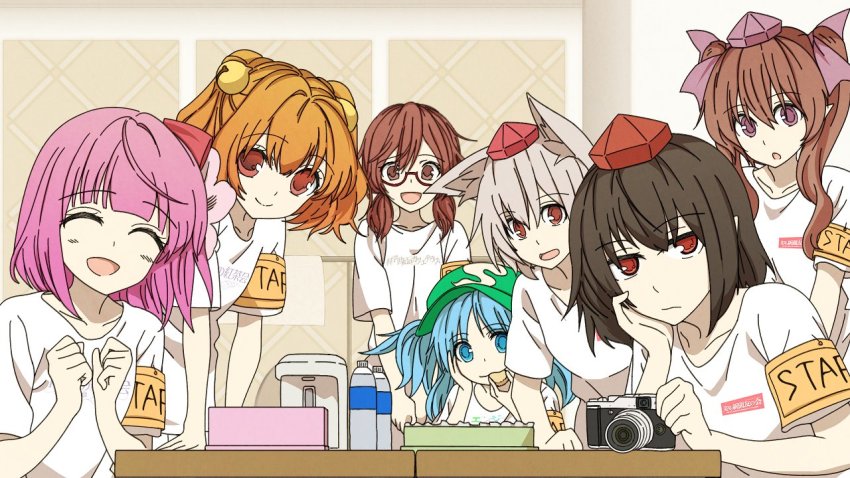 6+girls, alternate_costume, animal_ears, arm_rest, armband, ayano_(ayn398), bad_id, bad_twitter_id