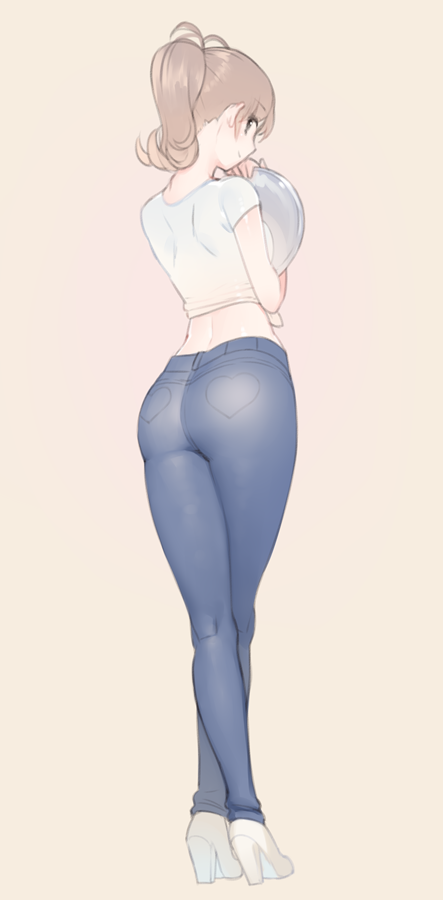 1girl, ass, beige_background, blonde_hair, closed_mouth, crop_top, crossed_legs, denim