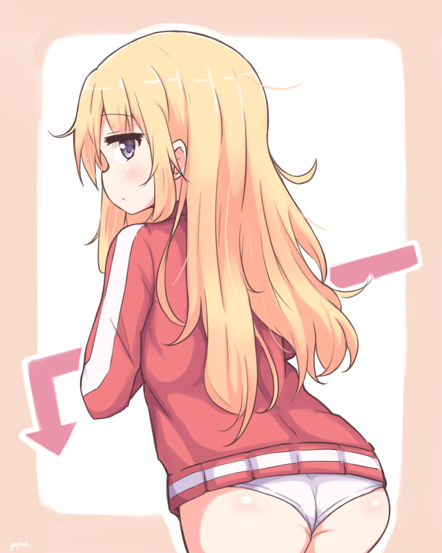 10s, 1girl, :/, arrow_(symbol), ass, bad_id, bad_pixiv_id, blonde_hair, blue_eyes, blush, border, closed_mouth, female_focus, from_behind, gabriel_dropout, gabriel_tenma_white, jacket, messy_hair, panties, profile, red_jacket, solo, track_jacket, underwear, white_panties, yaplus