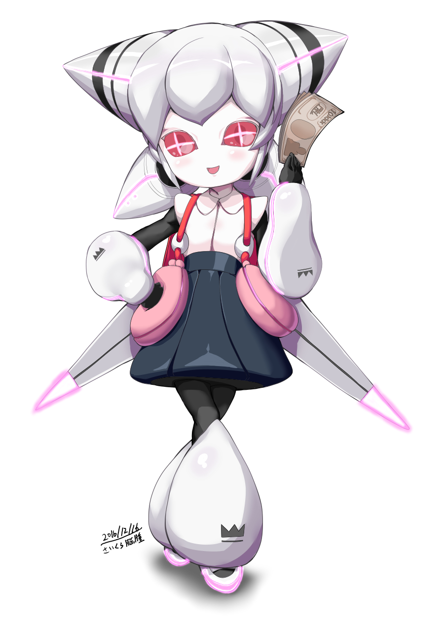 +_+, 10s, 1girl, 2016, :d, android, artist_name, blue_skirt, blush, crossed_legs, dated, female_focus, full_body, hand_on_own_hip, head_tilt, highres, holding, magical_girl, magicaloid44, mahou_shoujo_ikusei_keikaku, mahou_shoujo_ikusei_keikaku_unmarked, money, open_mouth, red_eyes, robot, saikura_noushu, saikuranousyu, shadow, shirt, signature, simple_background, skirt, smile, solo, white_background, white_shirt