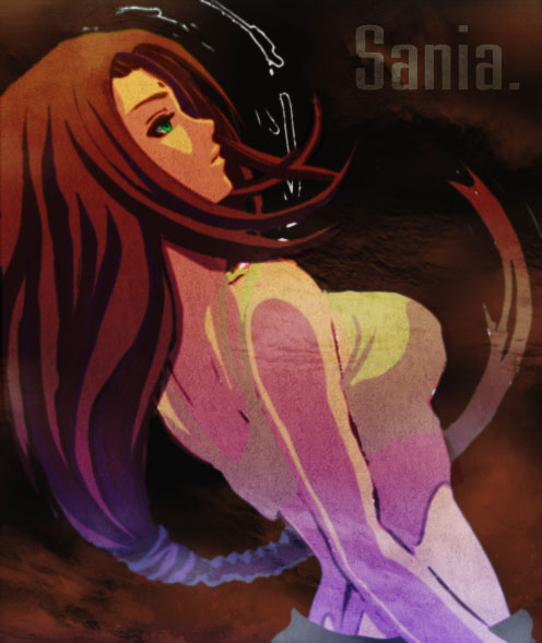 1girl, arc_the_lad, arc_the_lad_ii, back, brown_hair, camisole, character_name, crop_top