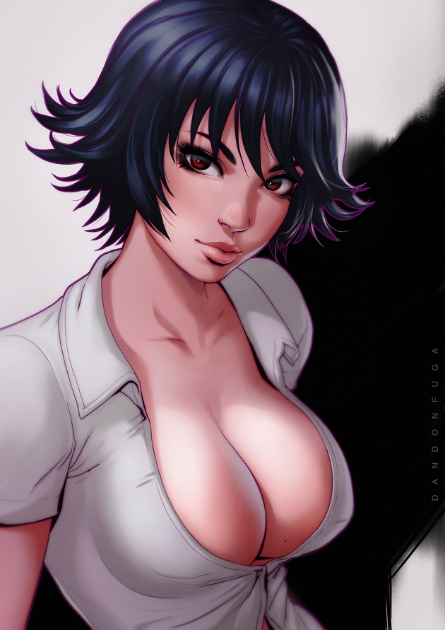 10s, 1girl, ajin_(sakurai_gamon), bikini_tan, black_hair, blouse, breasts, cleavage, collared_shirt, dandon_fuga, eyelashes, female_focus, large_breasts, lips, looking_at_viewer, mole, mole_on_breast, mole_under_eye, no_bra, red_eyes, shimomura_izumi, shirt, short_hair, smile, solo, tan, tanline, upper_body, white_shirt