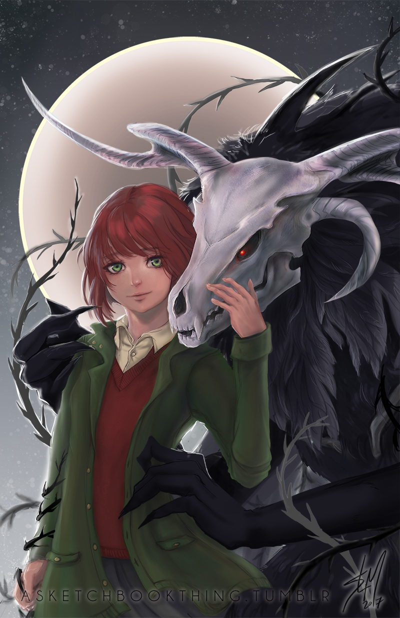 10s, 1boy, 1girl, animal_skull, black_sclera, coat, colored_sclera, elias_ainsworth