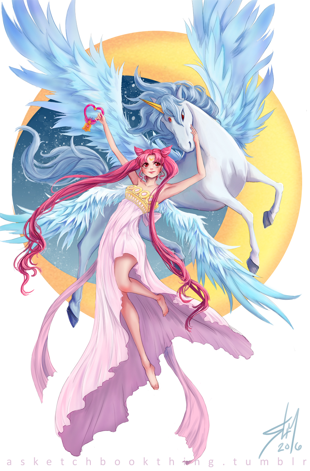 1girl, aged_up, armpits, barefoot, bishoujo_senshi_sailor_moon, bishoujo_senshi_sailor_moon_supers, chibi_usa, cone_hair_bun, crescent, crescent_facial_mark, crescent_moon, double_bun, dress, facial_mark, feathered_wings, forehead_jewel, forehead_mark, full_body, hair_bun, helios_(sailor_moon), highres, horns, long_dress, long_hair, mane, moon, pegasus_(sailor_moon), pink_dress, pink_hair, red_eyes, sam_(sketchbook), single_horn, small_lady_serenity, twintails, unicorn, very_long_hair, watermark, web_address, wings