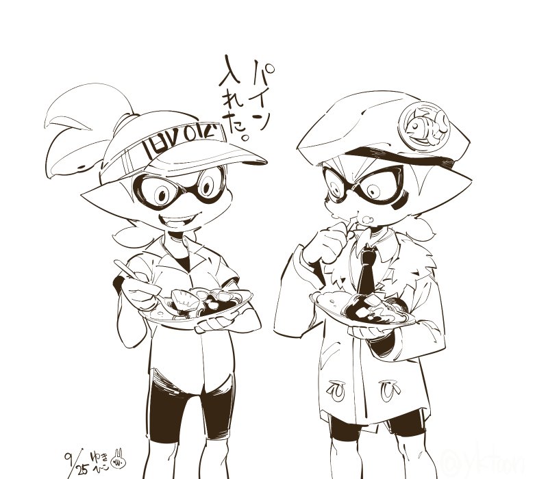 2boys, aloha-kun_(splatoon), army-kun_(splatoon), bad_id, bad_twitter_id, beret, bike_shorts, curry