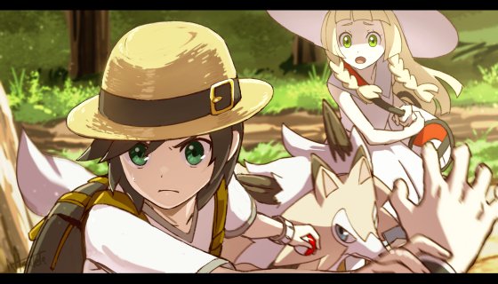 1boy, 1girl, backpack, bad_id, bad_twitter_id, bag, blonde_hair, blunt_bangs