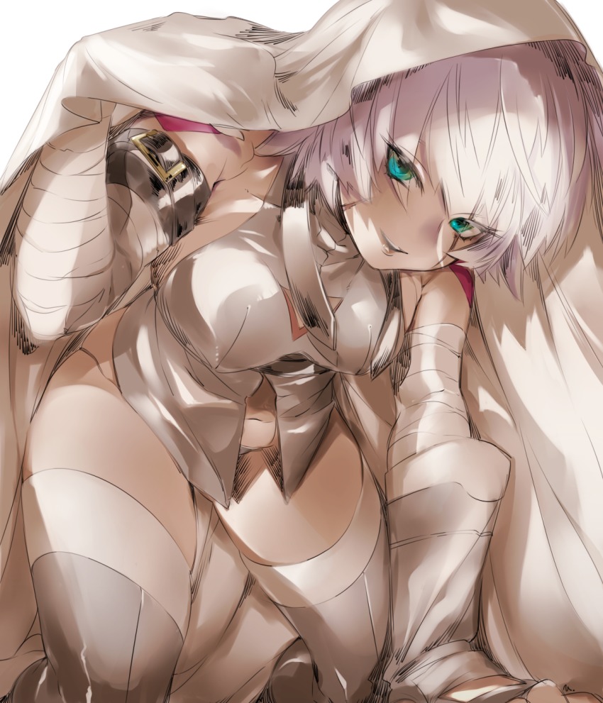 1girl, alternate_breast_size, bandaged_arm, bandages, bare_shoulders, belt, black_gloves, black_panties