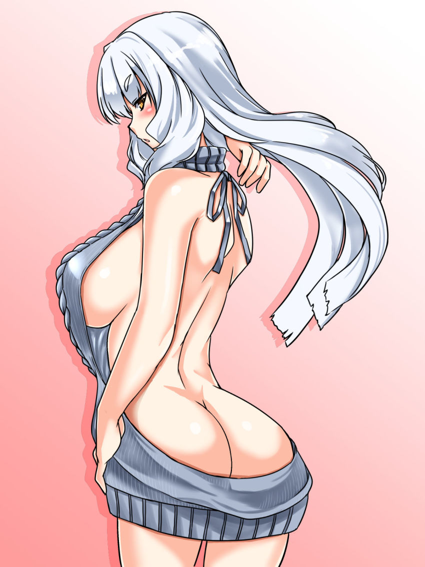 10s, 1girl, aged_up, alternate_breast_size_(larger), ass, back, bare_back, blue_hair